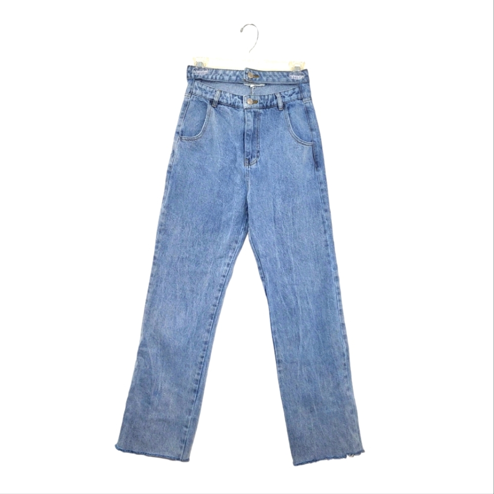 Et Clet Double Waist Open Front High Waist Wide Leg Jeans Raw Hem Small